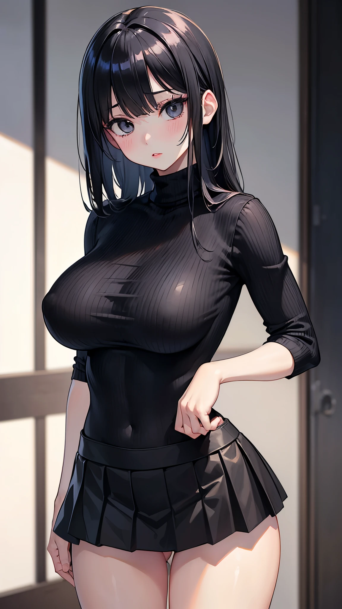 (masterpiece, 最high quality, 超High resolution, Very detailed), (Realistic:1.1, photoRealistic:1.4), Perfect illustration, Perfect lighting,Perfectly detailed hair, Perfect and exquisite face, Perfect collarbone, Perfect body,Juicy breasts, Perfect Thighs, Beautiful legs, View your audience, 1 person,Perfect Face, (Perfect Anatomy, Anatomically correct), Symmetrical face、((Shiny Hair)),Sexy Body、(masterpiece),(最high quality:1.3),8k,Very clear,(Ultra-realistic),Captivating woman,(high quality, High resolution, The finer details), Realisticなスタイルの女性,Juicy breasts、Perfect Woman、Perfect Face、Symmetrical face、、Cowboy Shot、((Big breasts))、blush、((Juicy lips))、(((Straight black hair)))、((Large, double-set black eyes、Long eyelashes))、(Red Makeup)、(((Black turtleneck knit)))、(((Black Mini Skirt)))、(Healthy and well-developed body)、((Big tits jk))、(indoor)