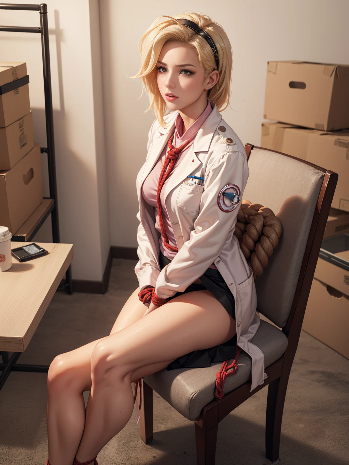 Beautiful,woman, Mercy from overwatch, blonde wet hair, hairband, dewy complexion, long eyelashes,soft-petalled lips,(beautiful detailed lips:1.1),(medium breasts:0.9),youthful appearance, blonde locks cascading down, seductive sexy pose,(empty warehouse background:1.1),soft sunlight, pastel color palette,(best quality:1.2),(highres:1.1),(realistic:1.37),(physically-based rendering:1.1),(vivid colors:1.1),(soft lighting:1.1), full body, (((visible feet))), (((wearing a doctor coat))), black skirt, pink blouse, heels. panties. sweaty, blushed, (((sitting on chair))), (((tied hands with ropes))), (((arms behind back))), tied to a chair, (((panic face))), (((frightened))), (((struggling))), front view, small panties