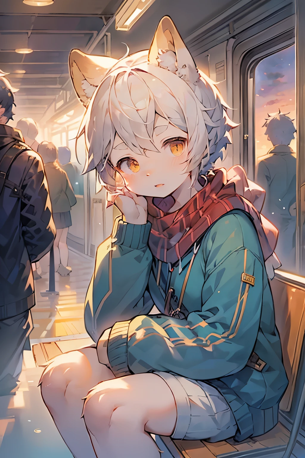 Anime girl sitting on the train and looking out the window, Beautiful anime portrait, Portrait of Lofy at a window, Beautiful anime girl, Portrait of Lofy, Lo-Fi Girl, Portrait Anime Girl, guweiz style artwork, High quality portrait, As the sunset, Charming anime girl, Cute anime girl, Realistic cute girl, Anime style. 8K
