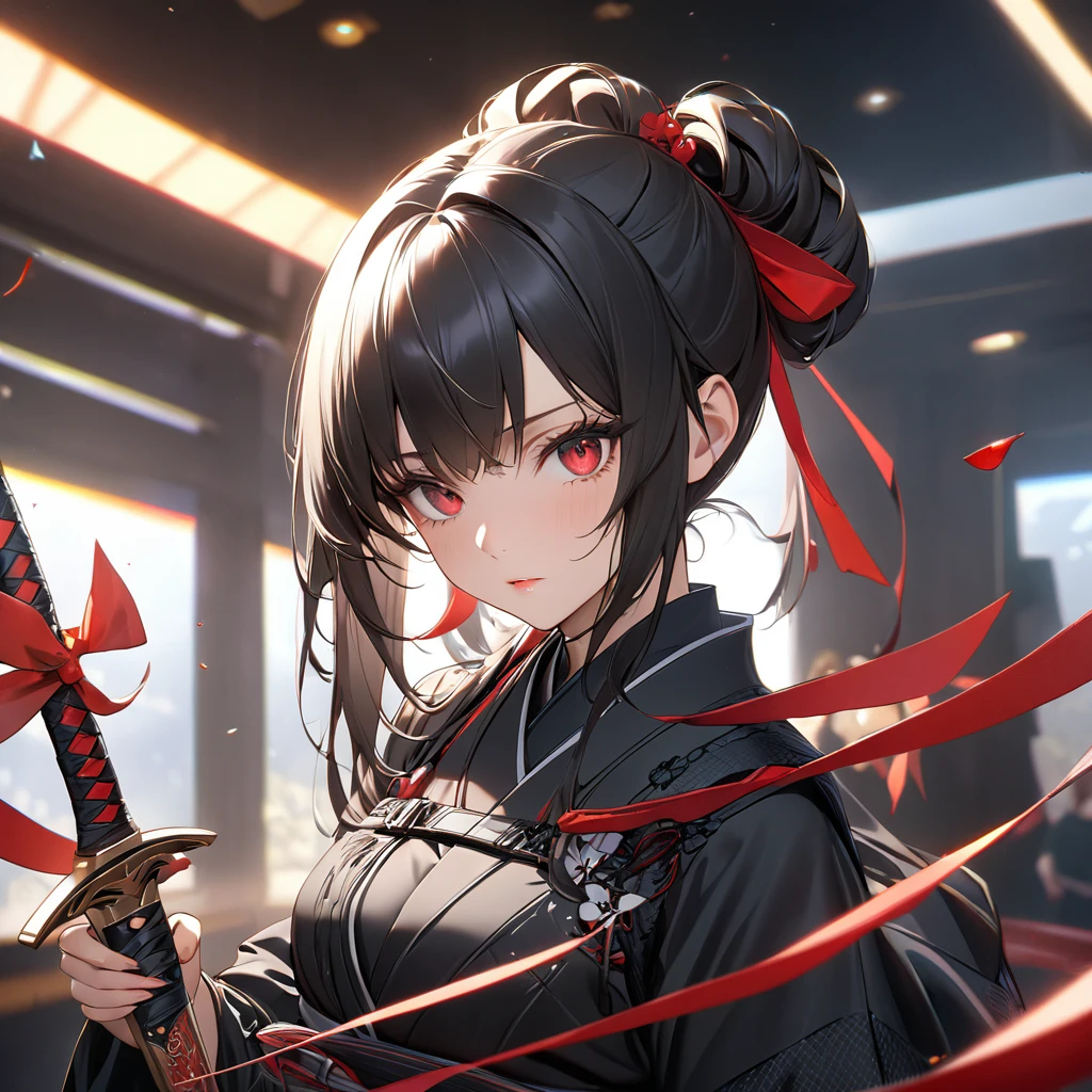 最high quality, wonderful_delicate, wonderful delicate eyes, Super detailed, beautiful, 8k , One girl, Red eyes, evil, Facial Contour,(Absurd, High resolution, Super detailed), masterpiece, The perfect solution, wonderfulディテール, Super Detailed, Cinema Lighting, Ray Tracing, Depth of written boundary, Cinema Lighting, Ray Tracing, 超High resolution, Attention to detail, 最high quality, High resolution, high quality, Awards, Super Detail, masterpiece, 8k, 超High resolution, Attention to detail, 最high quality, High resolution, high quality, Awards, Super Detail, masterpiece, 8k, Digital Art, Anime Coloring,"wearing a modern ninja costume with meticulous detail., Attention to detail近代的な忍者衣装を着て、Create an illustration of a futuristic female ninja with black hair,. She has long black hair tied with a red ribbon and symbols.。She must be wearing a luxurious black outfit with red accents that feature characters.。. She has a sword with intricate designs on the hilt and scabbard.. The story is set in the Edo period.