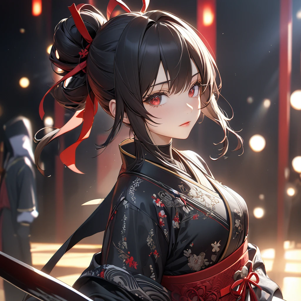 最high quality, wonderful_delicate, wonderful delicate eyes, Super detailed, beautiful, 8k , One girl, Red eyes, evil, Facial Contour,(Absurd, High resolution, Super detailed), masterpiece, The perfect solution, wonderfulディテール, Super Detailed, Cinema Lighting, Ray Tracing, Depth of written boundary, Cinema Lighting, Ray Tracing, 超High resolution, Attention to detail, 最high quality, High resolution, high quality, Awards, Super Detail, masterpiece, 8k, 超High resolution, Attention to detail, 最high quality, High resolution, high quality, Awards, Super Detail, masterpiece, 8k, Digital Art, Anime Coloring,"wearing a modern ninja costume with meticulous detail., Attention to detail近代的な忍者衣装を着て、Create an illustration of a futuristic female ninja with black hair,. She has long black hair tied with a red ribbon and symbols.。She must be wearing a luxurious black outfit with red accents that feature characters.。. She has a sword with intricate designs on the hilt and scabbard.. The story is set in the Edo period.