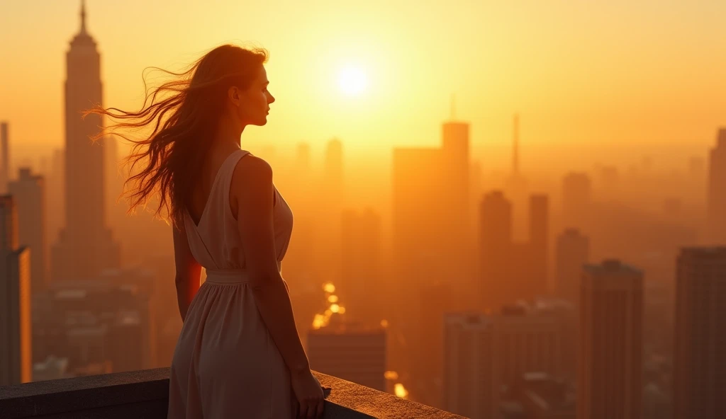 (masterpiece, best quality:1.2), (8K HD, ultra-realistic, hyper-detailed:1.3), a woman standing confidently on a rooftop of a skyscraper in the city, fully bathed in the golden light of the setting sun just before it dips below the horizon. The wind gently tousles her hair and clothes as she looks down over the city with a determined expression. The background features rays of light spreading out behind her, making her silhouette shine brilliantly. The scene captures the soft, warm glow of the golden hour, with the woman embodying strength and resolve.