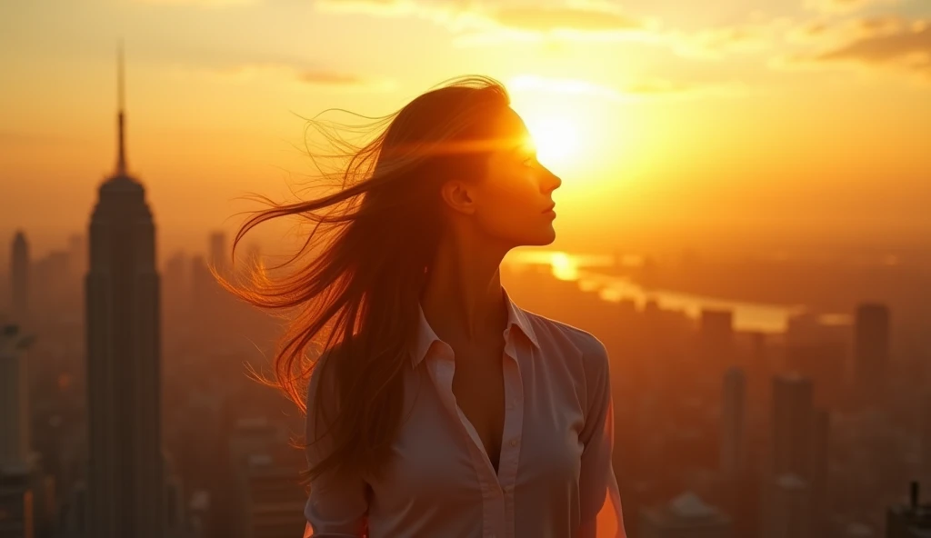 (masterpiece, best quality:1.2), (8K HD, ultra-realistic, hyper-detailed:1.3), a woman standing confidently on a rooftop of a skyscraper in the city, fully bathed in the golden light of the setting sun just before it dips below the horizon. The wind gently tousles her hair and clothes as she looks down over the city with a determined expression. The background features rays of light spreading out behind her, making her silhouette shine brilliantly. The scene captures the soft, warm glow of the golden hour, with the woman embodying strength and resolve.