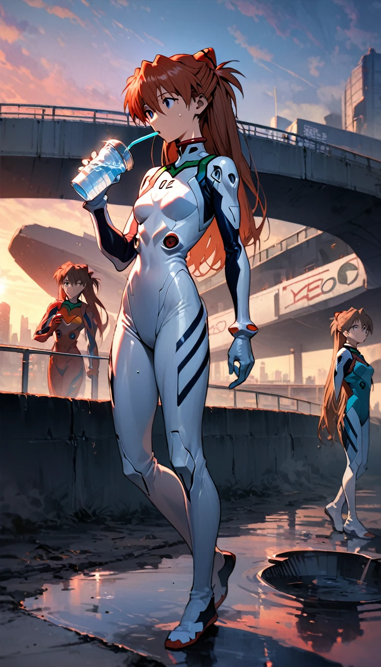 ((full body)),"One girl, Soryu Asuka Langley, Neon Genesis EVANGELION, Mid-chest,Athletic build, Track and field uniforms, Red Hair Clip, Sweaty skin, Drinking water, Snake mouth for outdoor use, Futuristic School Setting, Distant Eva Unit, Tired look, peace of mind, Nearby plug suits, LCL puddle, masterpiece, Highest quality, so beautiful, Absurd, Detailed face, Full Body Shot, Sunset sky, The skyline of Neo Tokyo 3"
