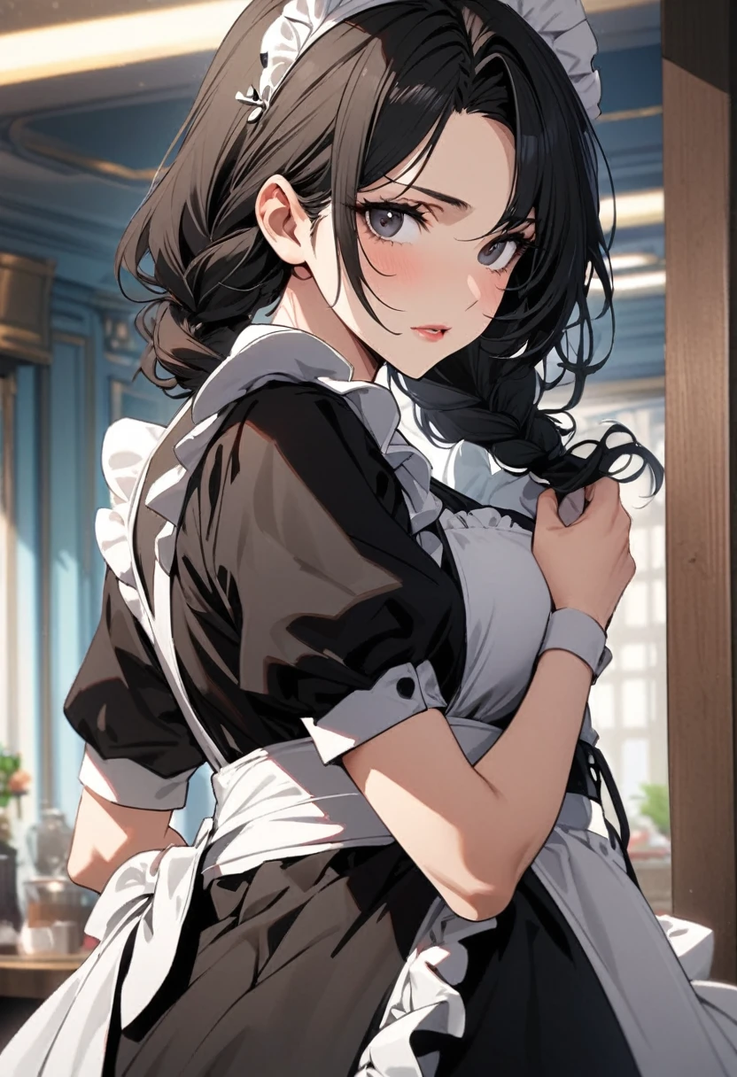 girl, mature, black hair, black eyes, beautiful, beautiful eyes, beautiful color, high detail, low double plait hair, maid, cool
