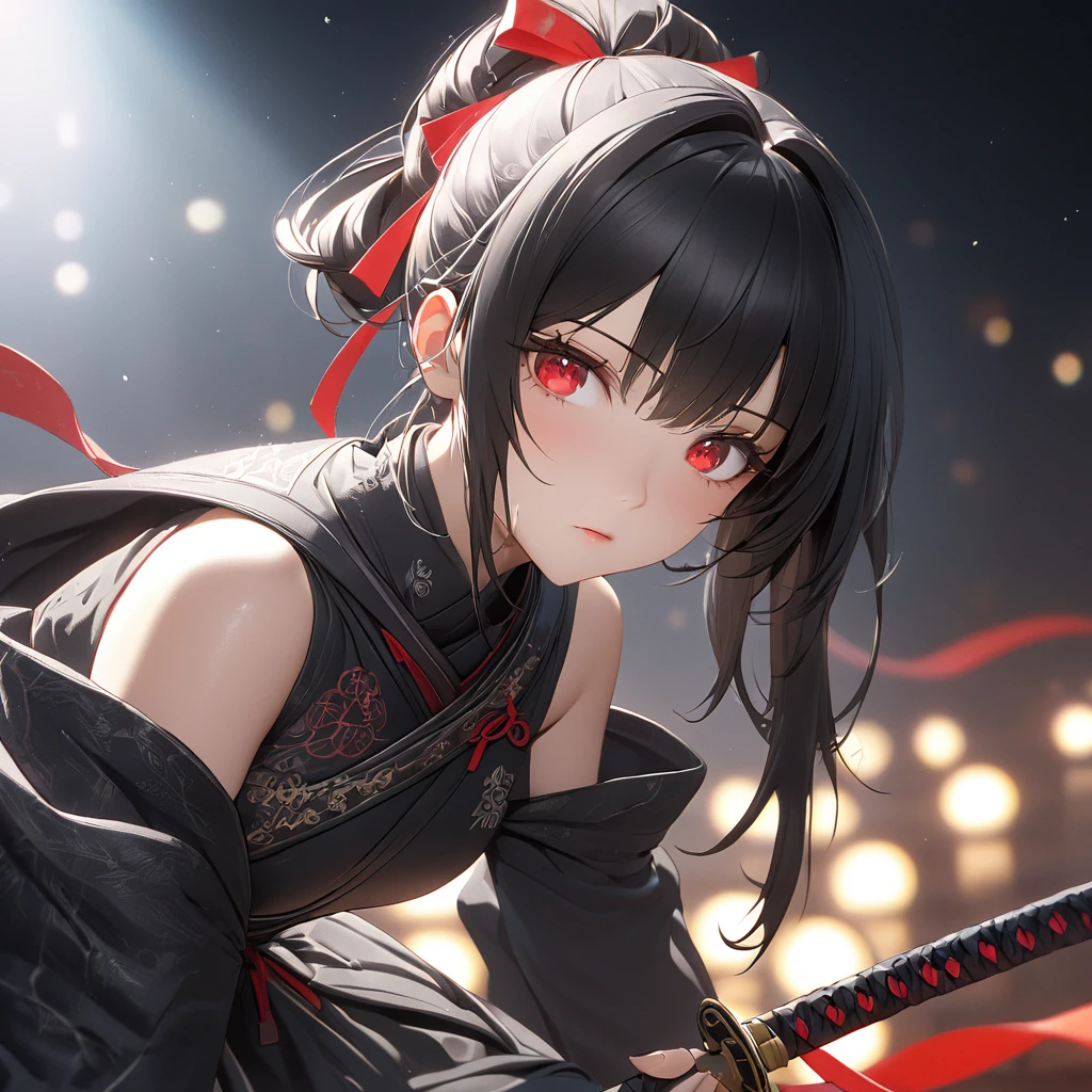 最high quality, wonderful_delicate, wonderful delicate eyes, Super detailed, beautiful, 8k , One girl, Red eyes, evil, Facial Contour,(Absurd, High resolution, Super detailed), masterpiece, The perfect solution, wonderfulディテール, Super Detailed, Cinema Lighting, Ray Tracing, Depth of written boundary, Cinema Lighting, Ray Tracing, 超High resolution, Attention to detail, 最high quality, High resolution, high quality, Awards, Super Detail, masterpiece, 8k, 超High resolution, Attention to detail, 最high quality, High resolution, high quality, Awards, Super Detail, masterpiece, 8k, Digital Art, Anime Coloring,"wearing a modern ninja costume with meticulous detail., Attention to detail近代的な忍者衣装を着て、Create an illustration of a futuristic female ninja with black hair,. She has long black hair tied with a red ribbon and symbols.。She must be wearing a luxurious black outfit with red accents that feature characters.。. She has a sword with intricate designs on the hilt and scabbard.. The story is set in the Edo period.