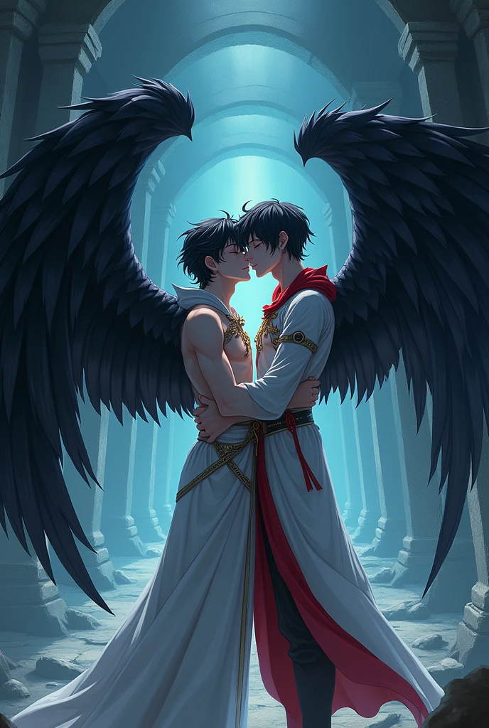 Inside a Mystical tomb there is a couple of two men, one of them is on the right, has a pointy tip, he is wearing a wizard's cloak, the man on the left has pale skin like a ghost, black hair, he has huge black wings and is wearing a white cloak with red spots, they are kissing, the two men, the image has to be in anime.