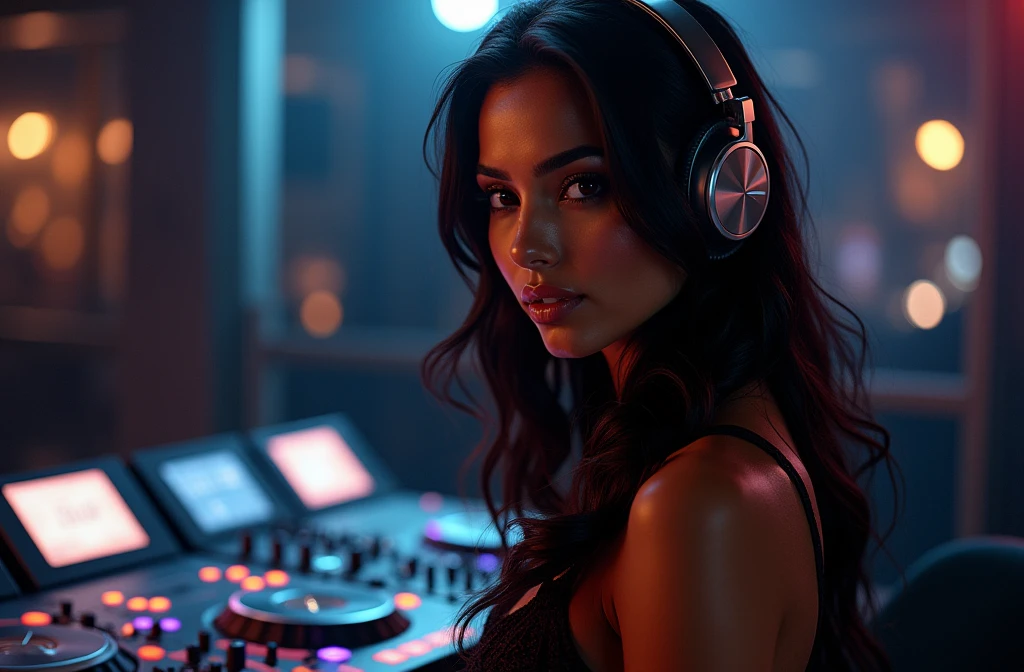 Bipasha Basu look a like, wearing a headphone, in front of a DJ console