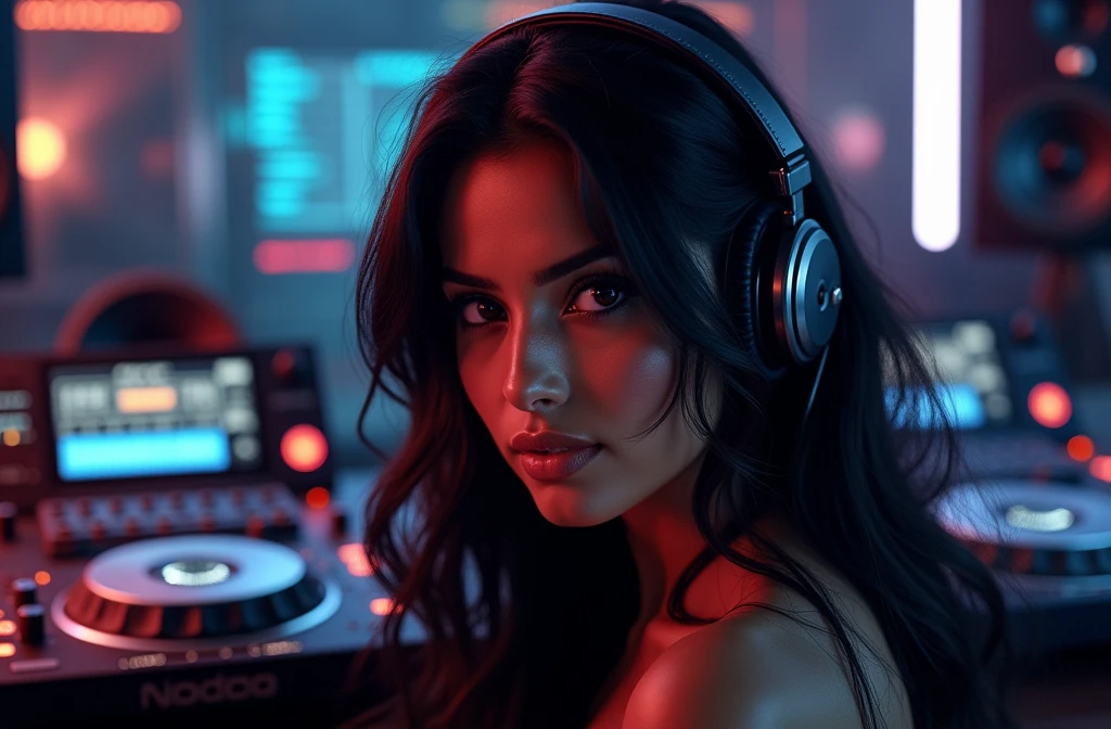 Bipasha Basu look a like, wearing a headphone, in front of a DJ console