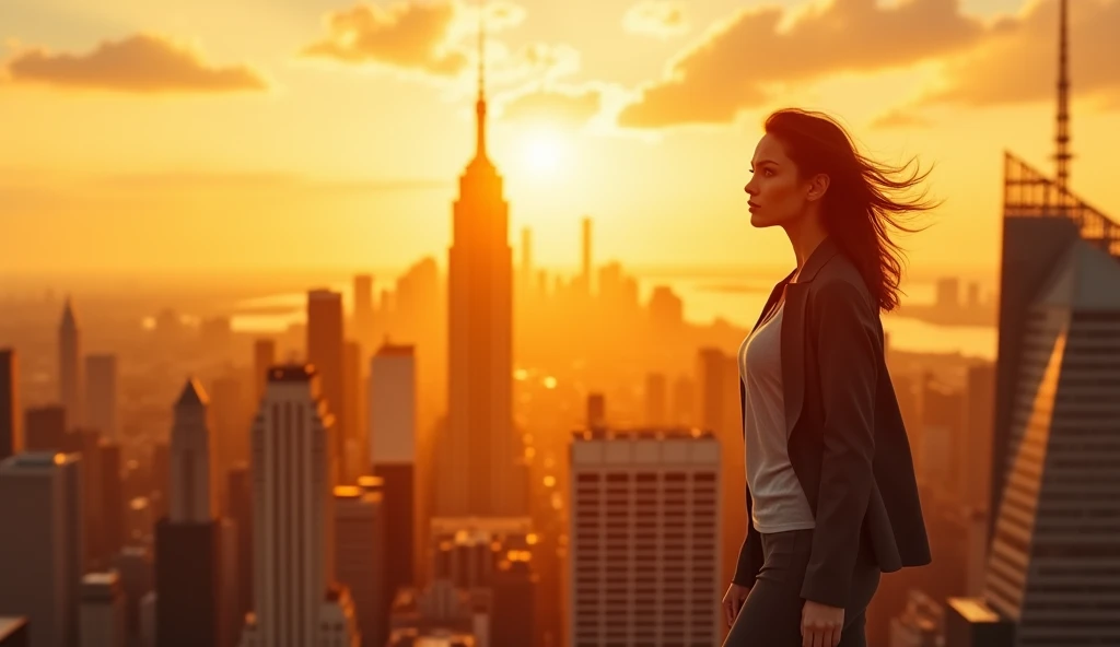 (masterpiece, best quality:1.2), (8K HD, ultra-realistic, hyper-detailed:1.3), a woman standing confidently on a rooftop of a skyscraper in the city, fully bathed in the golden light of the setting sun just before it dips below the horizon. The wind gently tousles her hair and clothes as she looks down over the city with a determined expression. The background features rays of light spreading out behind her, making her silhouette shine brilliantly. The scene captures the soft, warm glow of the golden hour, with the woman embodying strength and resolve.
