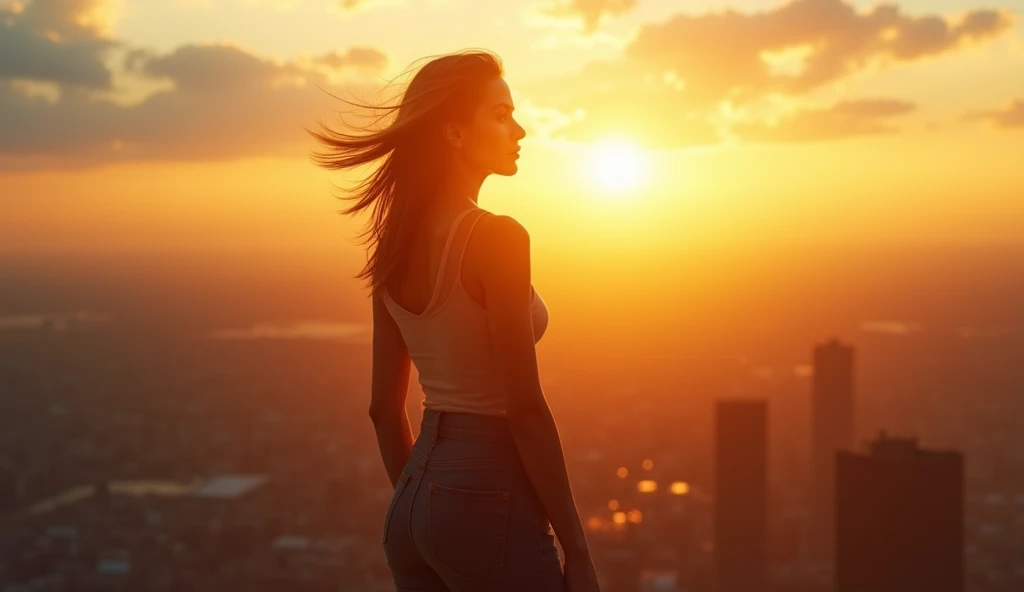 (masterpiece, best quality:1.2), (8K HD, ultra-realistic, hyper-detailed:1.3), a woman standing confidently on a rooftop of a skyscraper in the city, fully bathed in the golden light of the setting sun just before it dips below the horizon. The wind gently tousles her hair and clothes as she looks down over the city with a determined expression. The background features rays of light spreading out behind her, making her silhouette shine brilliantly. The scene captures the soft, warm glow of the golden hour, with the woman embodying strength and resolve.
