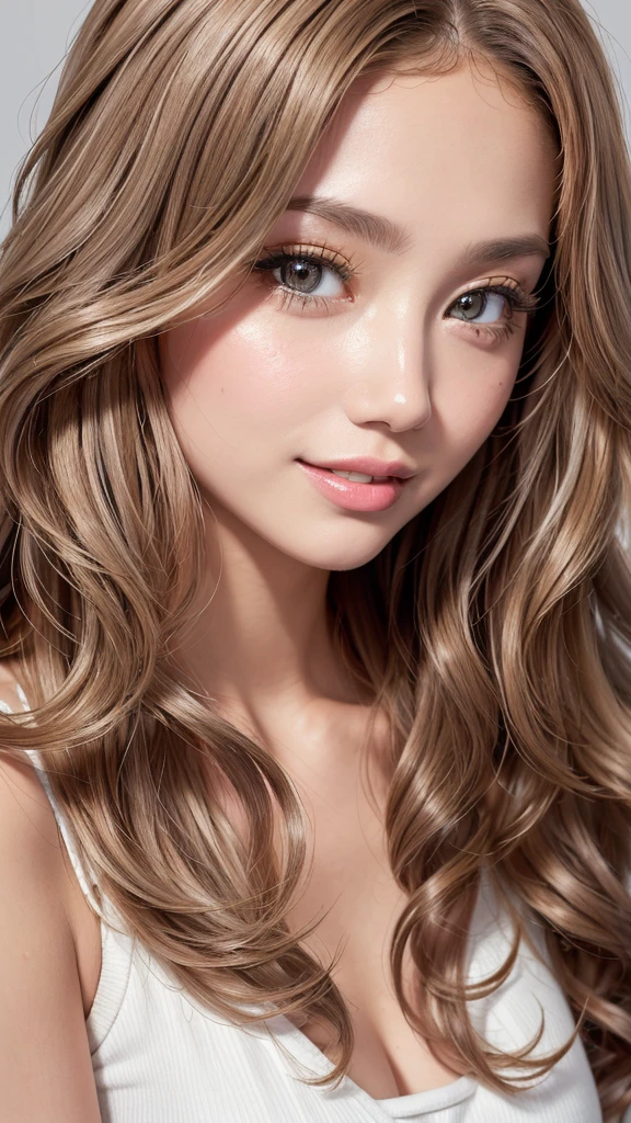 ((Highest quality, Tabletop, Ultra-high resolution、The most complex and detailed depiction))、(Face close-up:1.5),(One beautiful woman:1.8)、(Very light brown wavy hair:1.8), (Accurate anatomy:1.1)、Colored contact lenses、Perfect Makeup、Natural Lip、Highly saturated eyeshadow、sexy black bra、Short skirt、Blurred Background, Look at me and smile、Luxurious Room、(Ultra-high resolution光沢, Fair skin:1.1)、Ultra-high resolutionの顔、Ultra-high resolutionの髪、Ultra-high resolution sparkling eyes、Ultra-high resolution glossy lips、(Brightly lit white skin:1.1)、Beautiful face drawn in every detail、Ultra-high resolution perfect beautiful teeth、whole body, Expose your shoulders:1.8,Front Angle:1.8,Slim figure:1.5,D-cup soft breasts:1.8,Glamorous Body:1.1,Small face:1.3,