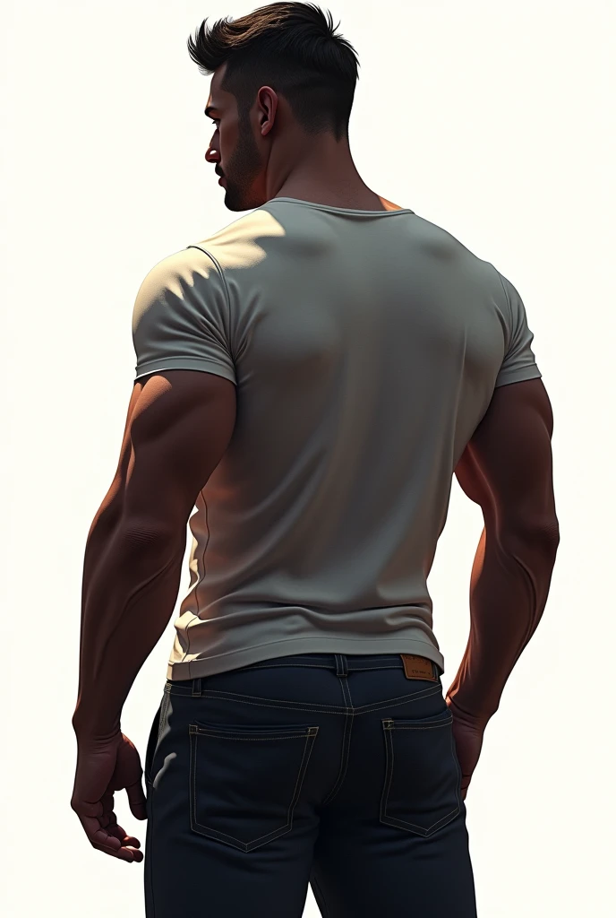 GTA STYLE,chumbo masculino,close-side-shot, 3/4 pose, muscular, tight t-shirt, white background, retro artstyle,shadows and highlights,high contrast,crime and danger、Tension and suspense、Reflections on the avant-garde and the low ebb、Shady、evocative composition。(Best quality at best,4K,8K,A high resolution,tmasterpiece:1.2),ultra - detailed,(actual,realisticlying,Photorealistic:1.37)