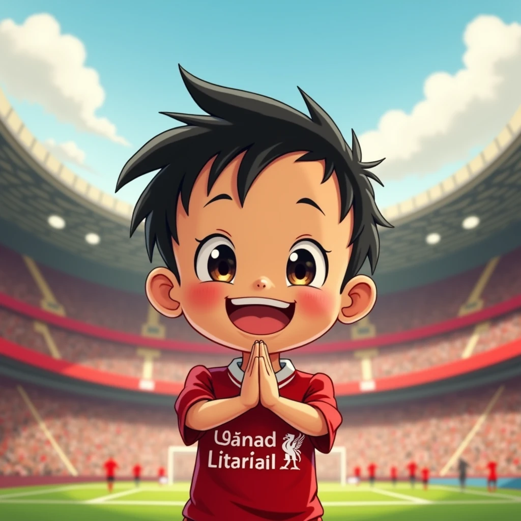Cute ??? smiles in Toriyama Akira style, bows like a Thai person and wears a Liverpool shirt, standing in a cartoon style. High-quality dynamic photos, detailed and colorful. Realistic and colorful poses, the background is Andfield Stadium.