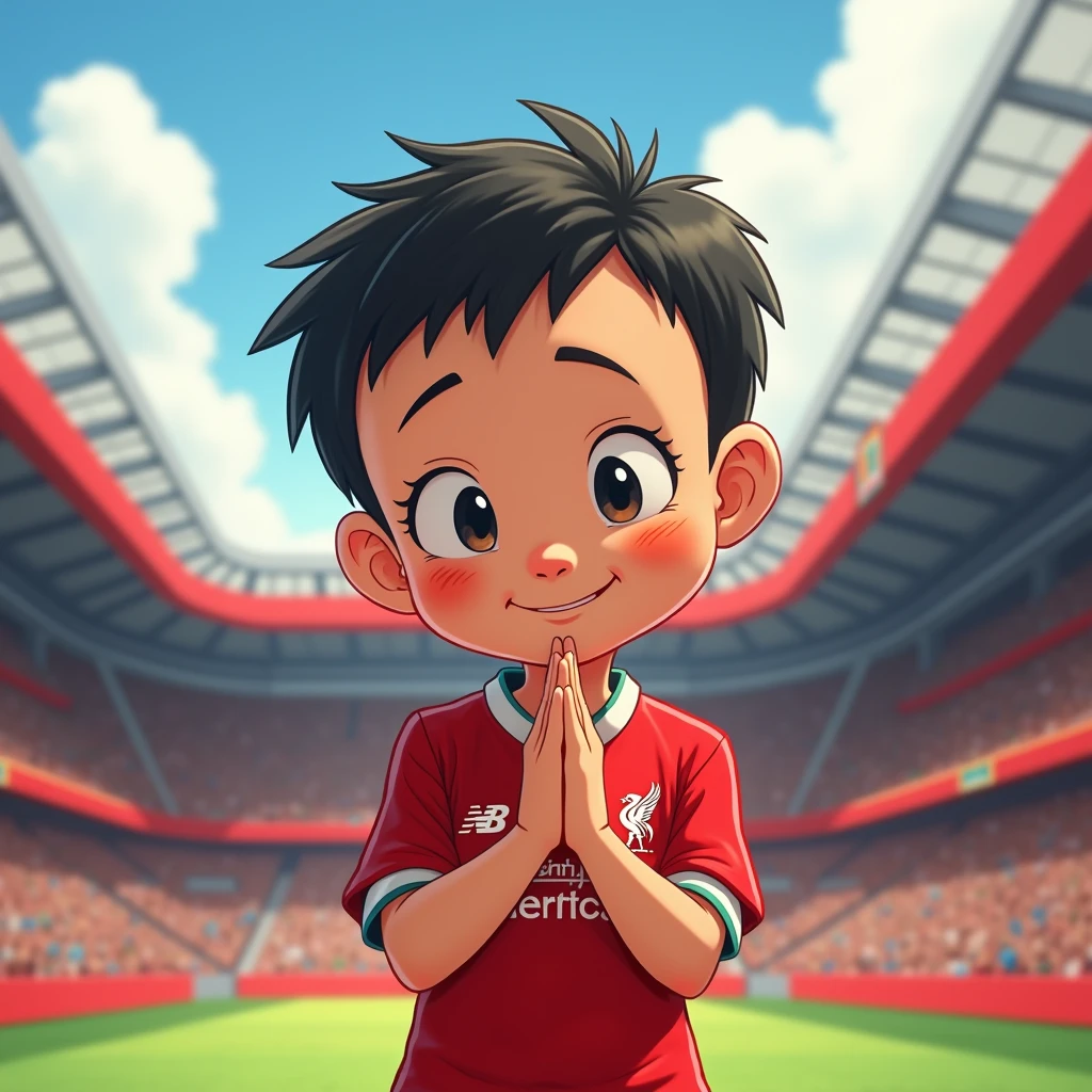 Cute ??? smiles in Disney cartoon style, bows in Thai style and wears Liverpool shirt. Standing in cartoon style. High quality dynamic photo, detailed and colorful. Realistic and colorful poses. Background is Andfield stadium.