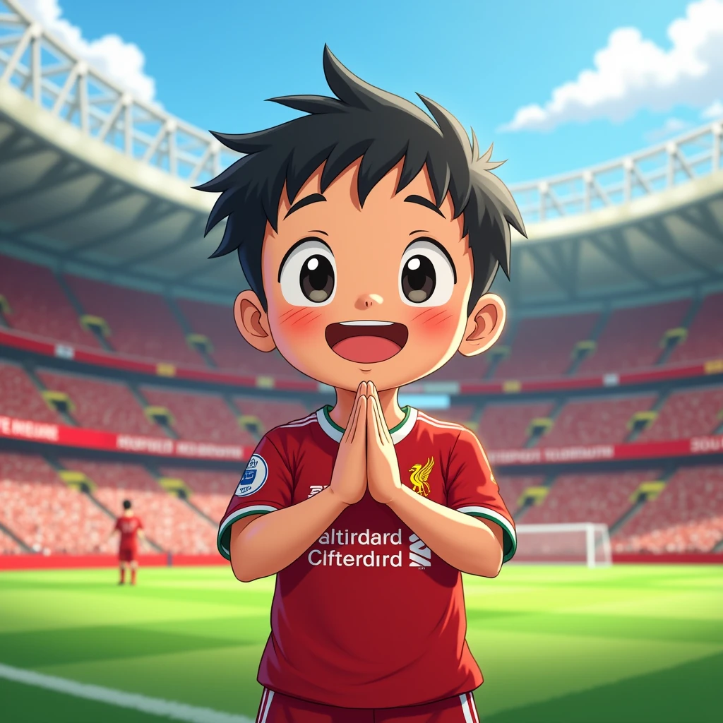 e kidiles in Toriyama Akira style, bows like a Thai person and wears a Liverpool shirt, standing in a cartoon style. High-quality dynamic photos, detailed and colorful. Realistic and colorful poses, the background is Andfield Stadium.