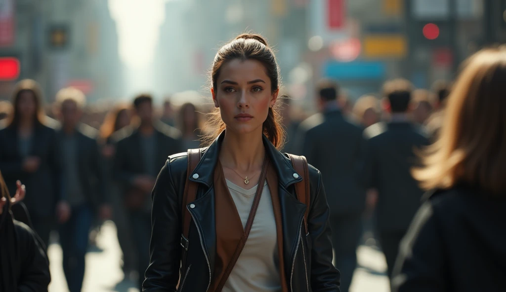 (masterpiece, best quality:1.2), (busy, crowded street:1.3), (woman walking with determination, sharply in focus:1.3), (blurred crowd, indistinct background:1.2), (calm expression, unbothered by surroundings:1.3), (people whispering, absorbed in smartphones:1.2), (woman standing out clearly against the haze:1.3), (inner strength, purposeful movement:1.2), (8K, ultra-detailed, hyper-detailed, RAW photo quality, Unreal Engine rendering:1.3)