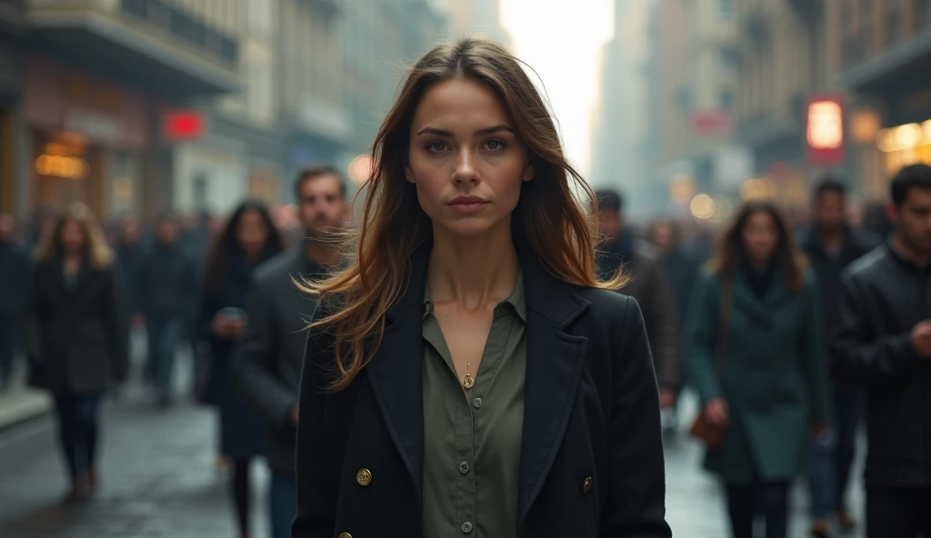 (masterpiece, best quality:1.2), (busy, crowded street:1.3), (woman walking with determination, sharply in focus:1.3), (blurred crowd, indistinct background:1.2), (calm expression, unbothered by surroundings:1.3), (people whispering, absorbed in smartphones:1.2), (woman standing out clearly against the haze:1.3), (inner strength, purposeful movement:1.2), (8K, ultra-detailed, hyper-detailed, RAW photo quality, Unreal Engine rendering:1.3)