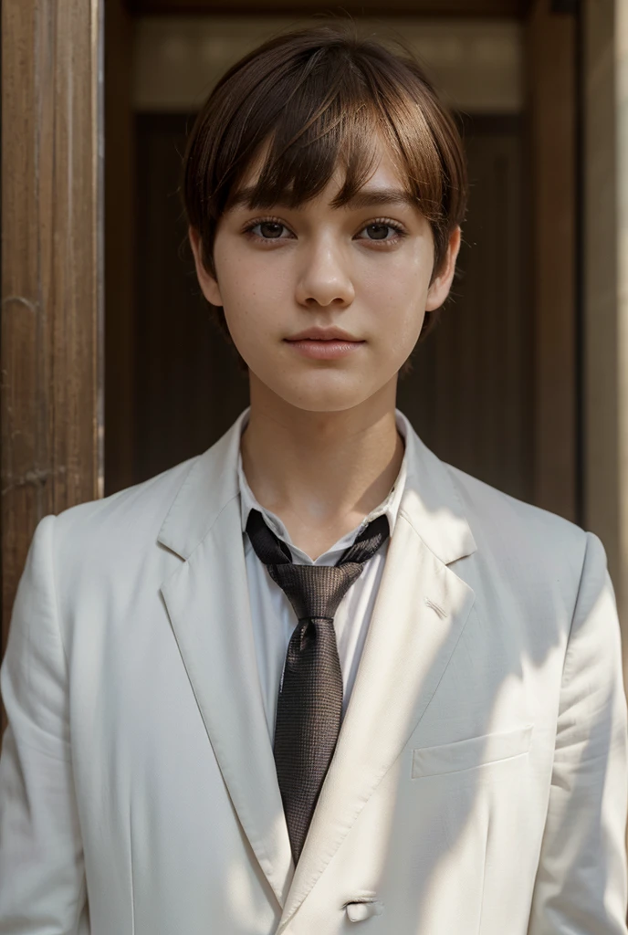 A boy, round face, sleepy eyes, Wearing a white suit with a black shirt and tie, a face full of sunlight, Brown hair with mushroom cut, A soft smile on her face, a tall posture, a clear face, handsome and handsome