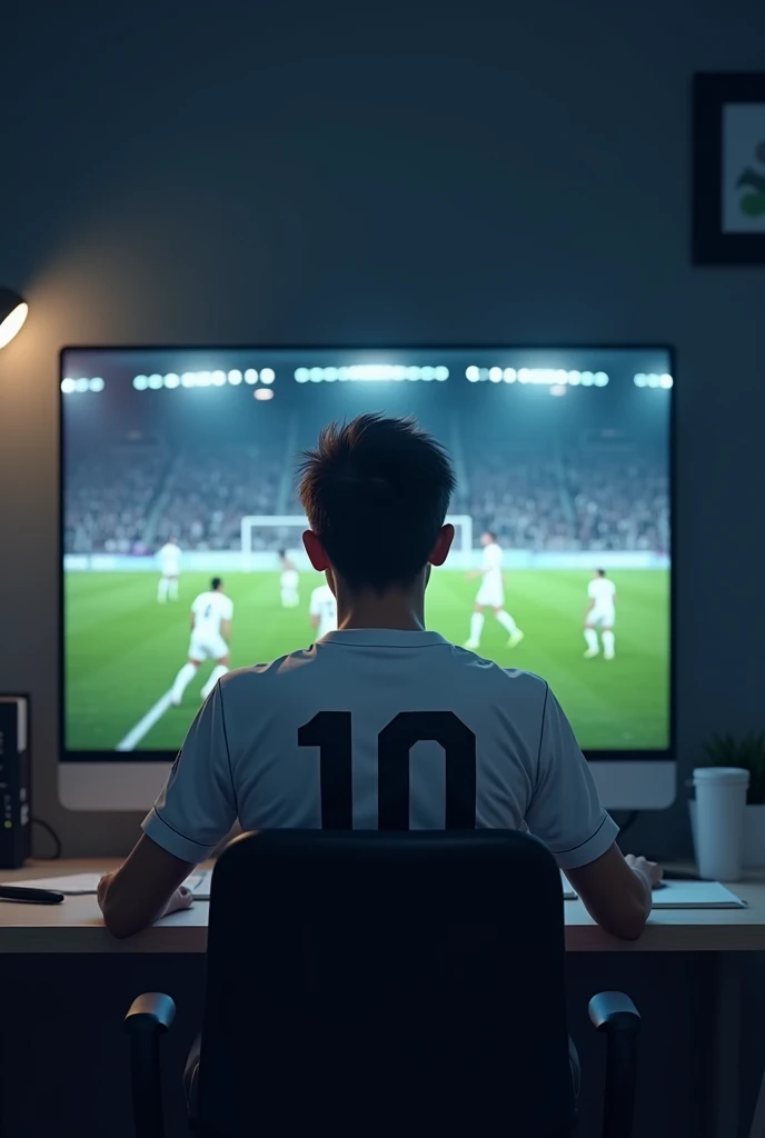 Generate a male fan with short hair, sitting at an office desk, wearing a white t-shirt with the number 10 on the back, watching a football game with the team all in white, in a dimly lit environment