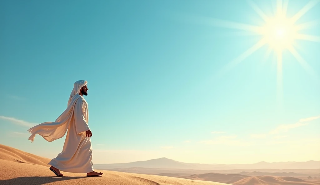 A shot of the Prophet Saleh walking away from the scene, with a bright sky in the background symbolizing hope and the moral of the story. 