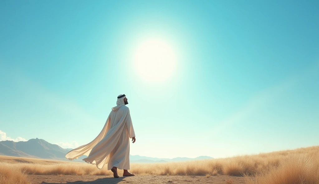 A shot of the Prophet Saleh walking away from the scene, with a bright sky in the background symbolizing hope and the moral of the story.