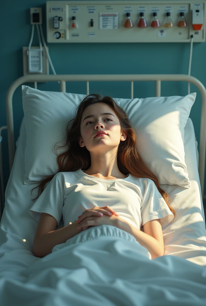 A human like nice female patient sitting in hospital she is sitting her face front 
