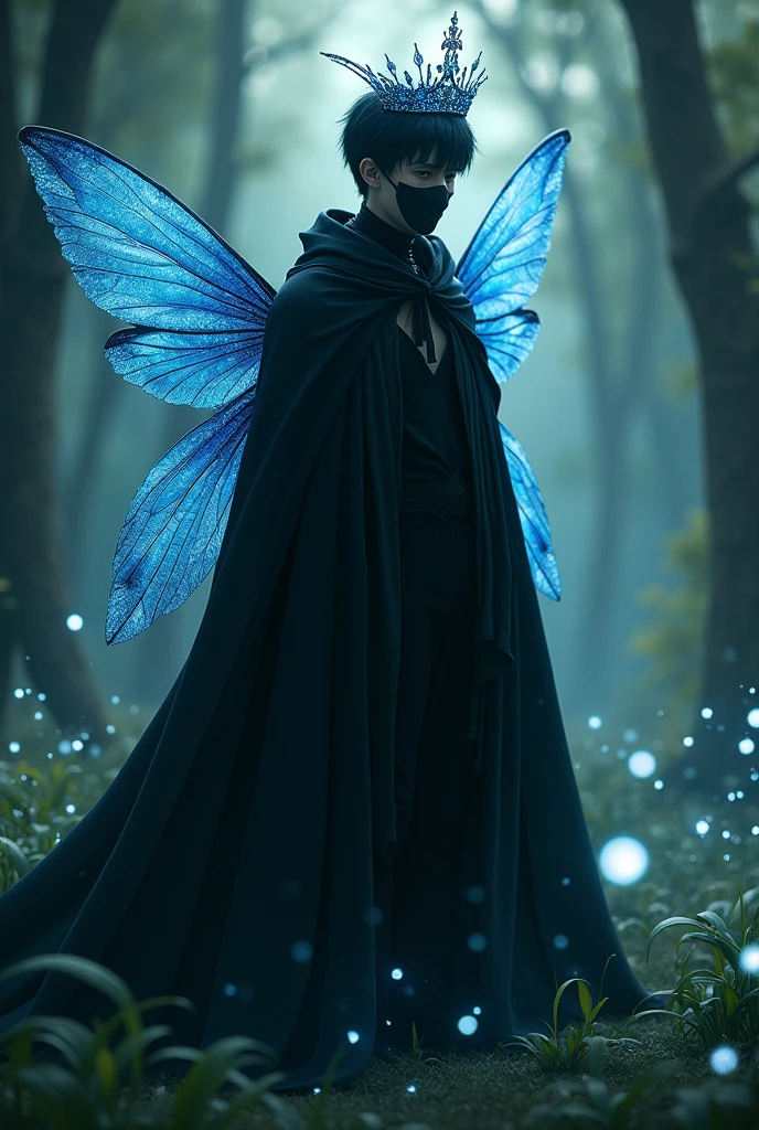 Guy in mask with black short hair in black cloak with dragonfly wings and blue crown in firefly forest