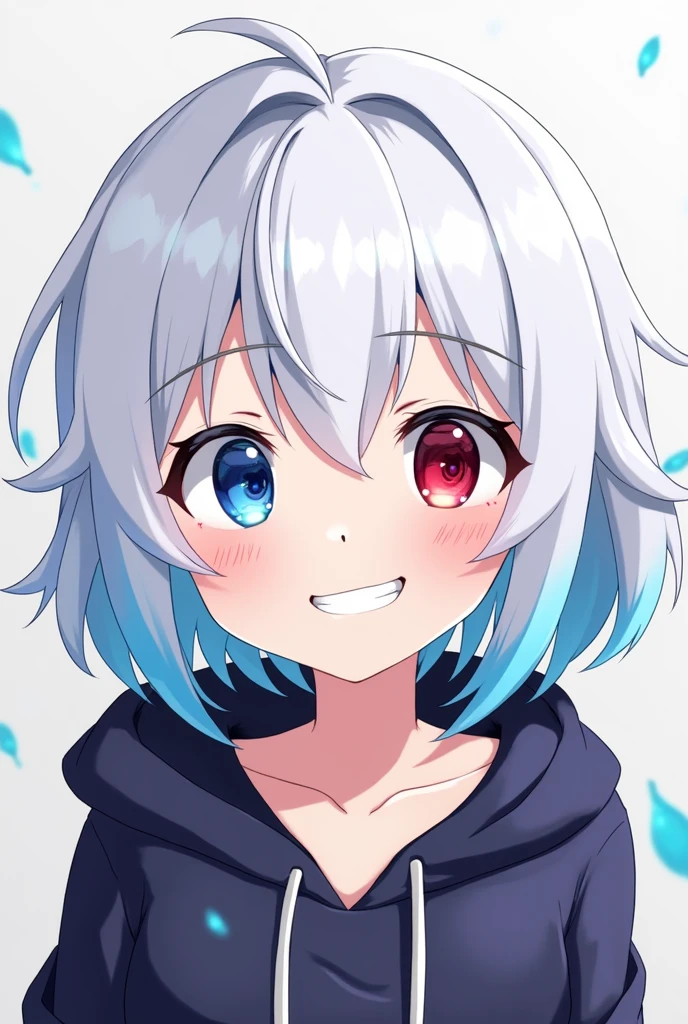 High resolution, Shortcuts, Silver Hair, Odd Eye, Simple Background, Anime Style, blue eyes, Red eyes, Hood worn, Smiling with teeth showing,
