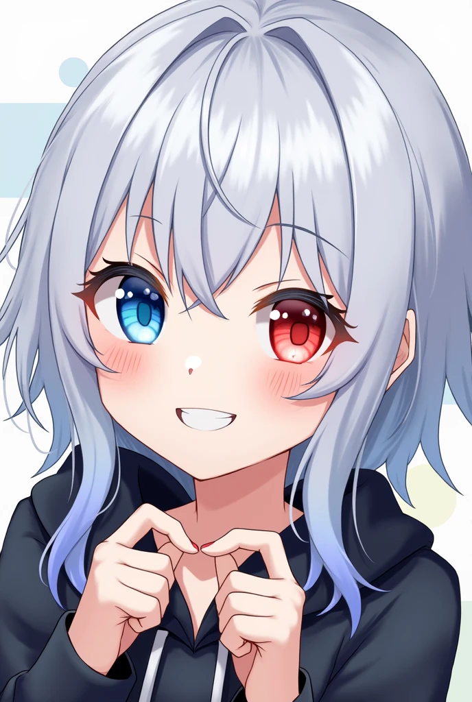 High resolution, Shortcuts, Silver Hair, Odd Eye, Simple Background,  Anime Style, blue eyes, Red eyes, Hood worn, Smiling with teeth showing, 