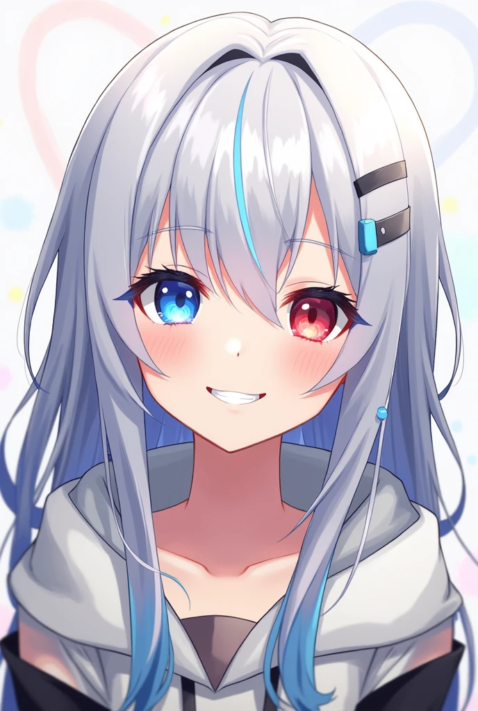 High resolution, Shortcuts, Silver Hair, Odd Eye, Simple Background,  Anime Style, blue eyes, Red eyes, Hood worn, Smiling with teeth showing, 