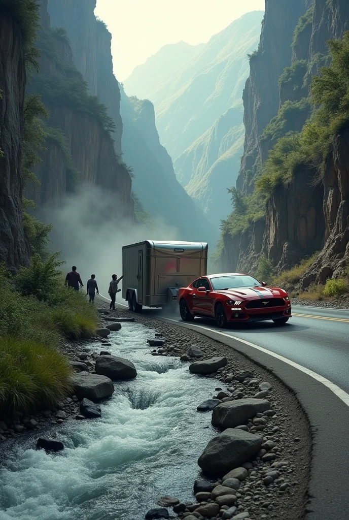 Car and trailer crash with people involved on a road that passes through a canyon with water and trees 