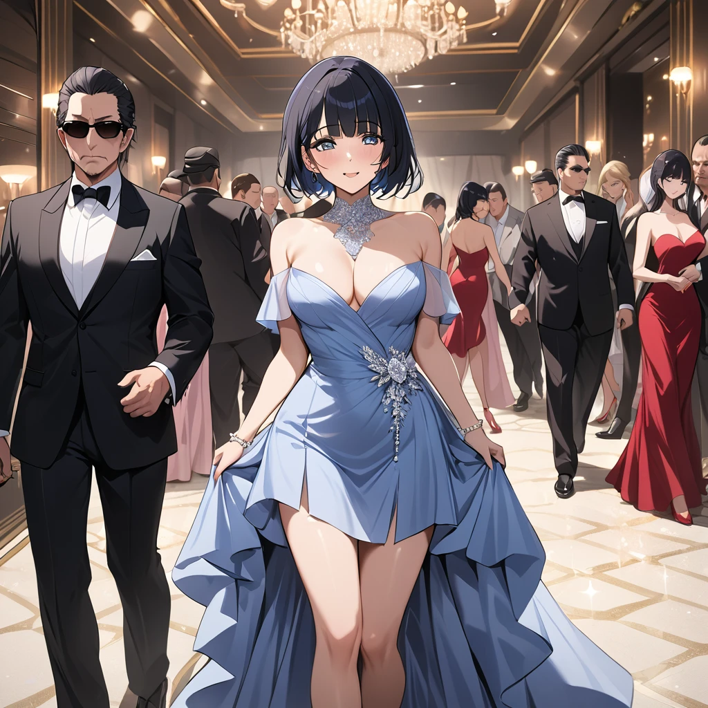 ((Highest quality)), ((masterpiece)), (detailed), (Perfect Face)、The woman is Reika Aoki, the wife of a mafia boss, with medium-long black hair and an engagement ring.、The woman is wearing a gorgeous mafia-like party dress at a luxurious party venue and is being escorted by a mafia boss.、The woman is happily escorted by the mafia boss, making them seem like a happy couple.
