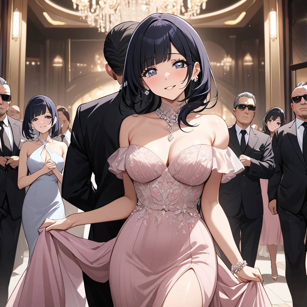 ((Highest quality)), ((masterpiece)), (detailed), （Perfect Face）、The woman is Reika Aoki, the wife of a mafia boss, with medium-long black hair and an engagement ring.、The woman is wearing a gorgeous mafia-like party dress at a luxurious party venue and is being escorted by a mafia boss.、The woman is happily escorted by the mafia boss, making them seem like a happy couple.