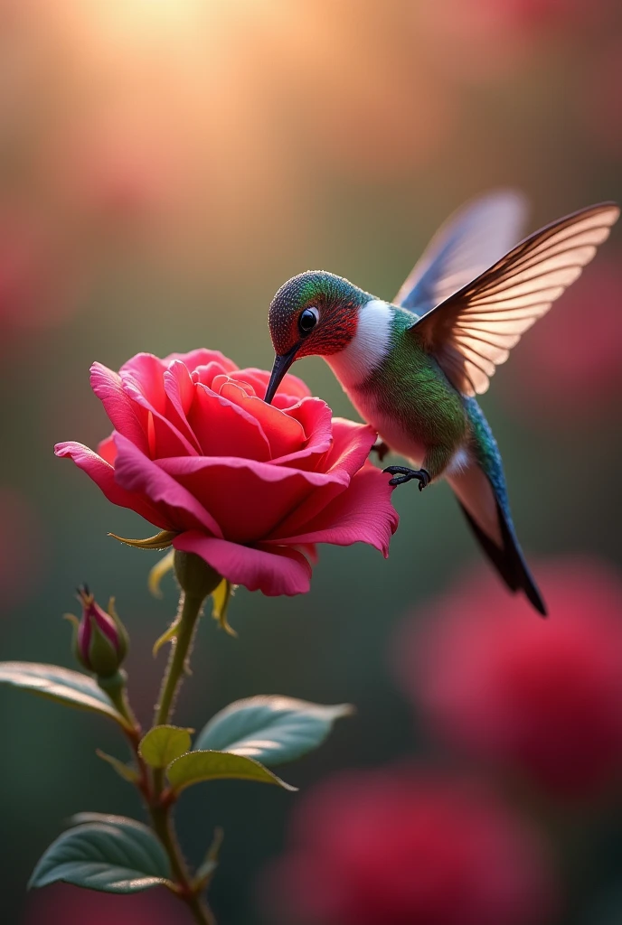 Hummingbird with a red rose in its beak for Luisa