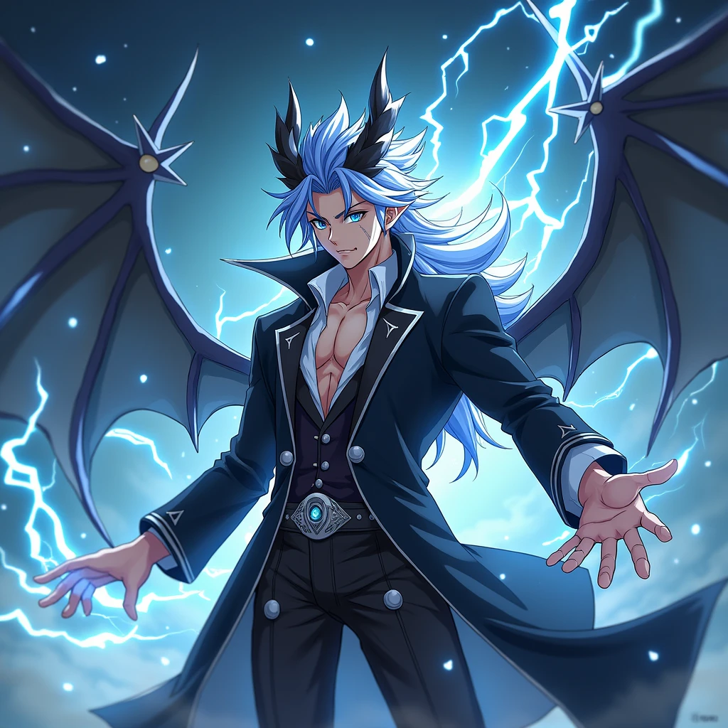 1 male, anime art style, young man, Long hair, dark blue and white hair, wearing a black Coat, Dragon Horns, Black Dragon Wings, Aquamarine Eyes, a muscular body, pointy ears, with a Silver and black magic aura, and the power of space on his hand while the space behind him is cracked and blurry, high resolution, 