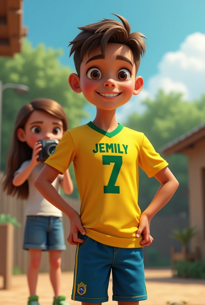 Boy posing in his Brazilian shirt with the number 7 and name Jemily while a girl takes a photo of him