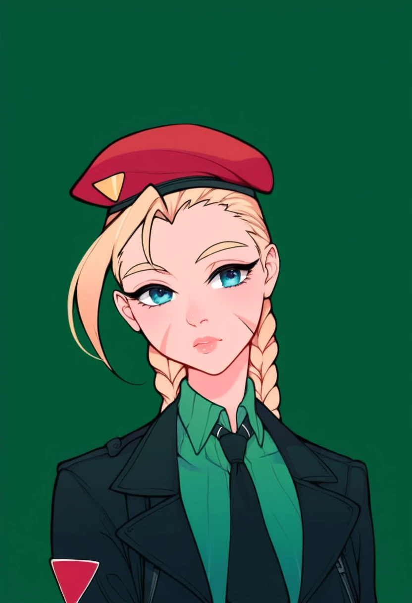 score_9, score_7_up, 1girl, solo, (cammy white):0.7, collared shirt, green background