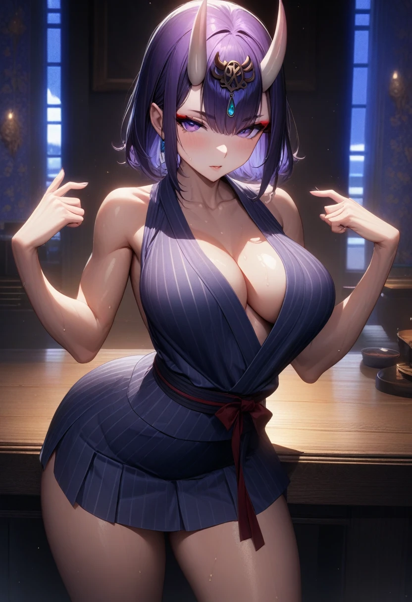 masterpiece,best quality,high resolution,8k,ultra HD,wallpaper,illustration,perfect face,cowboy shot,beautiful detailed eyes,extremely detailed face,perfect lighting,extremely detailed CG,perfect hands,perfect anatomy,perfect body,perfect hands,perfect fingers,1woman,full body,,(muscle fighter:1.1),purple bob hair,purple eyes,large breasts,Medium ass,,japanese long yukata,yukata skirt,clothed,,collarbone,,looking at viewer,(sexy pose:1.3),Steam,sweat,rich home,(Fate Grand Order character Shuten Douji),adult,japanese demon horns
