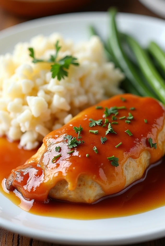 Plate with chicken breast with sweet and sour sauce, potato salad and rice