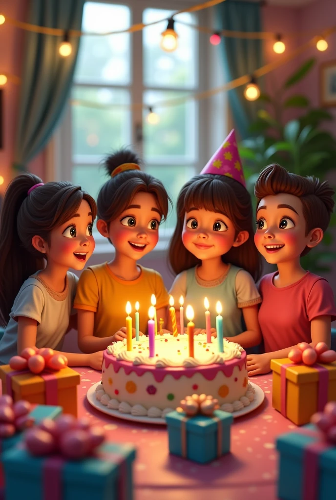 have four people in birthday praty, have cake and gift
