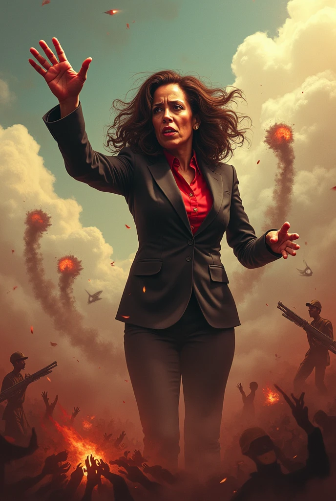 Kamala Harris throwing bombs at a defenseless population from the sky, looking like a Jewish monster and massacred people. She has blood on her hands and can be seen in the image as she throws bombs and kills children. 
