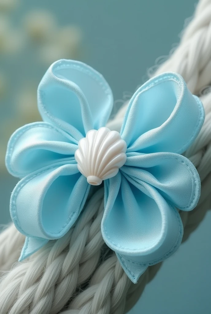A light blue bow with a white shell in the middle