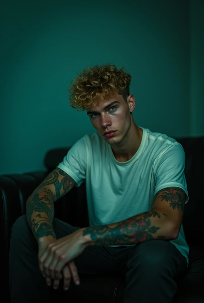 Dark image, phosphorescent light, A young and handsome man of 20 years old, with curly blonde hair and green eyes that convey sadness. his face is attractive, Without beard, but with some marks that suggest it has been through difficult times. He is sitting on a sofa in a dark and neutral environment, with elbows resting on knees. He is wearing a white shirt that highlights his athletic figure and worn mechanic's pants.. Both of his arms are covered in tattoos., which adds an artistic touch to its appearance. The expression on his face reflects melancholy., creating an introspective atmosphere, that the image looks dark and only focuses on the young man