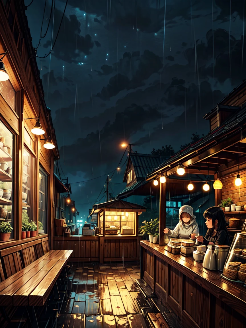 wide view, beautiful interiors of a (((cozy cafe shop))), wooden log furniture, cozy atmosphere, night time, soft tones, night scenes, starry skies, soft light, (((rainy night))), village, (((no one inside the cafe shop)))