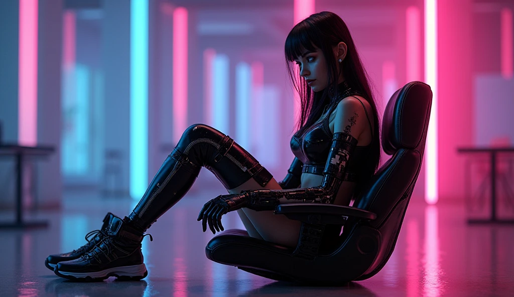 (masterpiece:1.2),(Highest quality),(Super detailed),(Ultra-high resolution),(Best illustrations),8k,wallpaper,Beautiful female cyborg,whole body,psychedelic,Vector art,Layered textures,progressive,pop,sf,cyber punk,Super sexy:2.0, cyberpunk girl seductive pose leds ass light and shadow, ultra-realistic, 16K. 3D style, , Octane render, ray tracing, depth of field, super detail  

sitting on a chair in a cyberpunk room in a very sexy futuristic outfit with outstretched legs