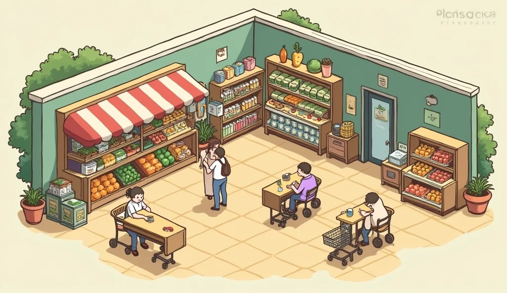 (masterpiece:1.2, Highest quality,Ultra-high resolution,Super detailed),8k,(wallpaper),(Best illustrations:2.0),(chibi Grocery store : 2.0),(Grocery store,Very simple design),(isometric illustration) lofi, cozy, Studio ghibli style ,pastel tones, landscape