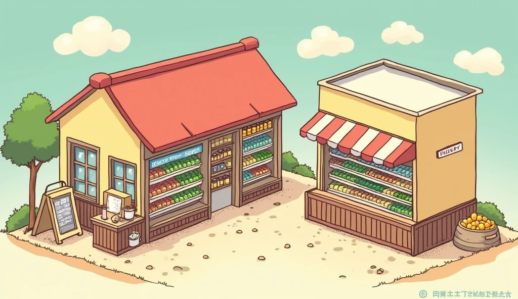 (masterpiece:1.2, Highest quality,Ultra-high resolution,Super detailed),8k,(wallpaper),(Best illustrations:2.0),(chibi Grocery store : 2.0),(Grocery store,Very simple design),(isometric illustration) lofi, cozy, Studio ghibli style ,pastel tones, landscape