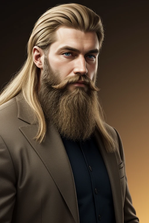 man with beard, Russian, 2, blonde hair, long neat hair, Tall and large, photorealistic