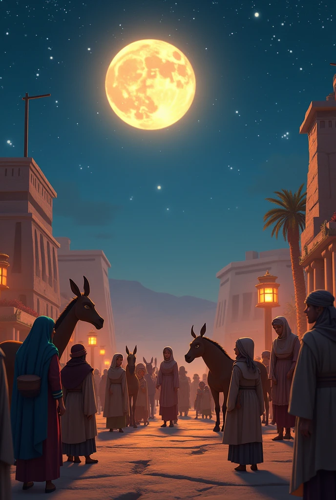 Hebrews with women donkeys and children standing and sitting in the streets of ancient Egypt on a starry night with a full moon preparing to leave Pixar 3D Disney style